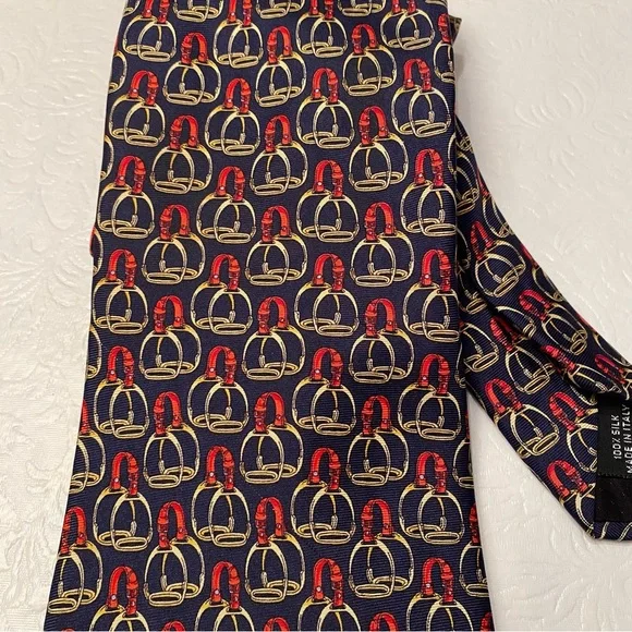 Paolo Gucci Equestrian Navy Blue Red Gold Saddle Stirrups Men’s 100% Silk Tie - Picture 2 of 6